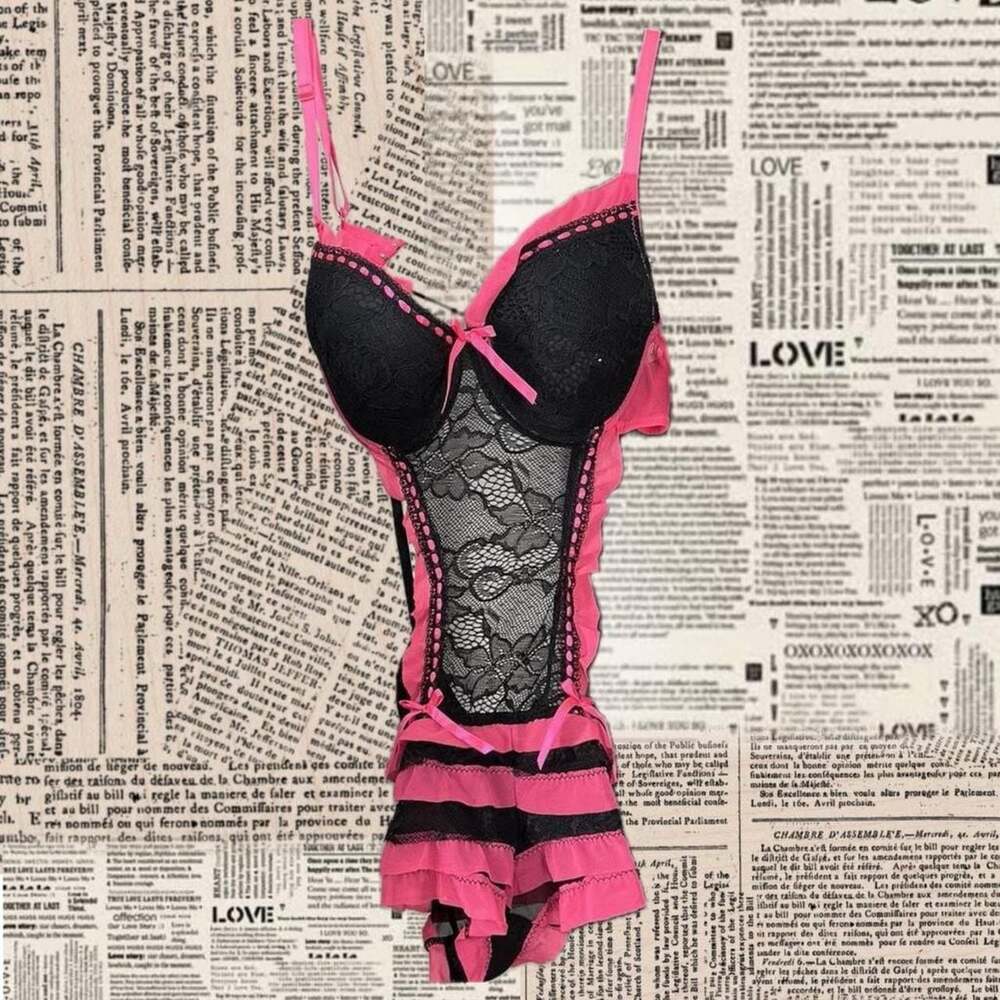 Y2K Sexy Little Things Black Lace Pink Ruffle Babydoll lingerie dress Pretty Lit